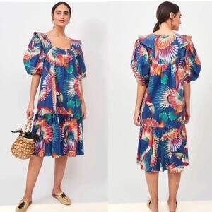 FARM RIO Toucans Square Neck Puff Sleeve Floral Bird Midi Cotton Dress